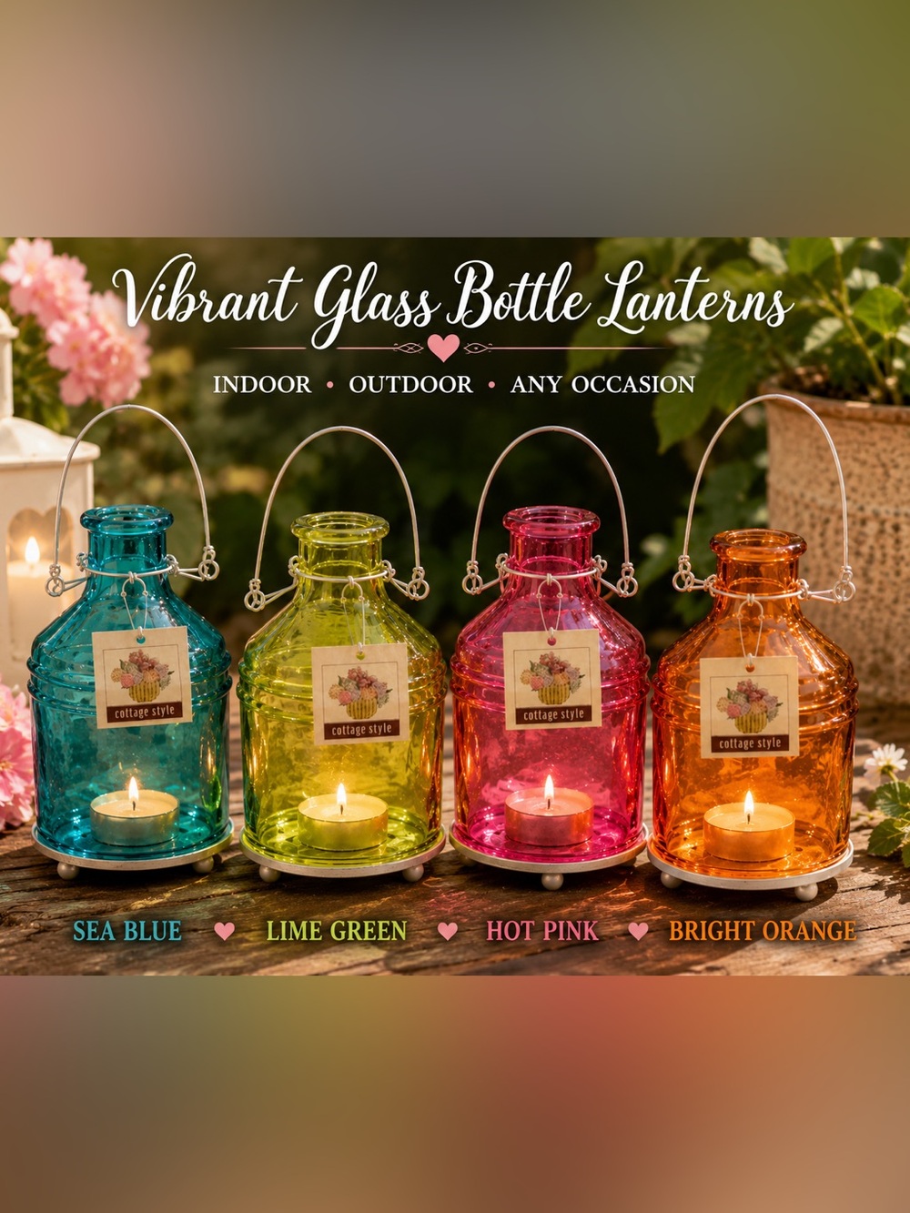 Hanging Glass Bottle Lanterns | Indoor Outdoor Tea Light Holders | Choose Color